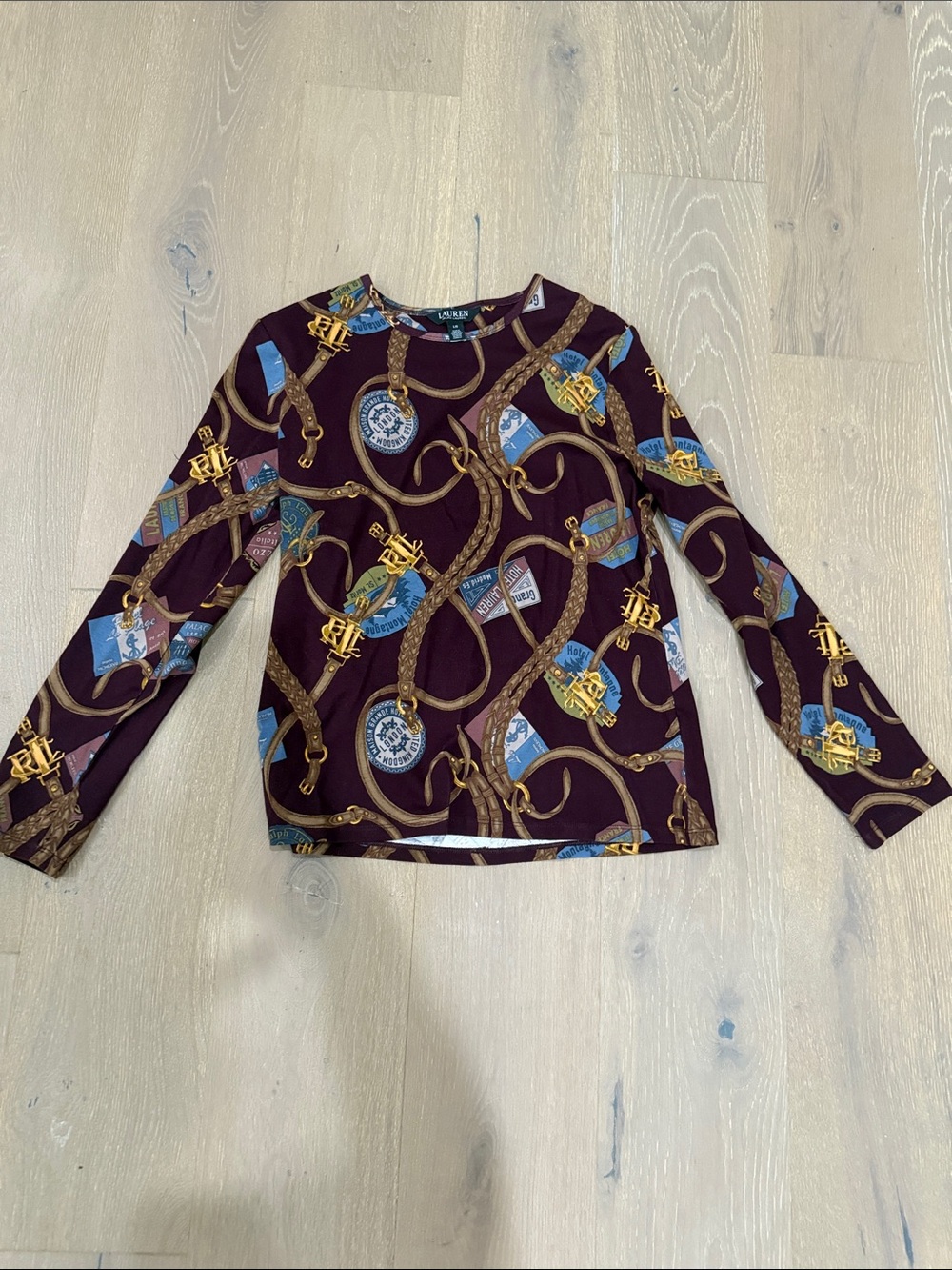 Ralph Lauren Burgundy Equestrian Print Long Sleeve Stretchy Top